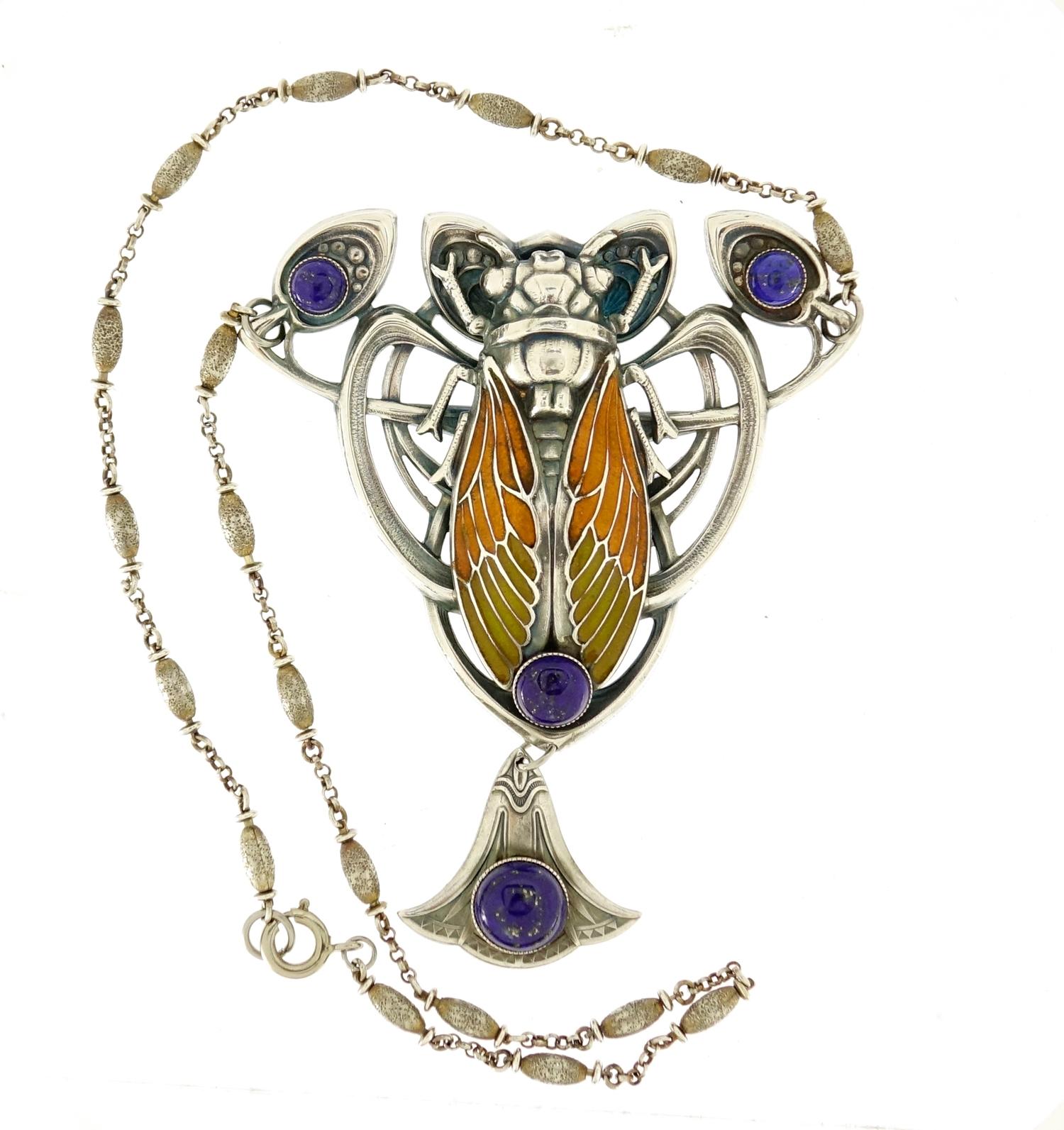 Egyptian Revival silver coloured moth pendant with lapis lazuli drop, 44cm in length :For Further - Image 2 of 3