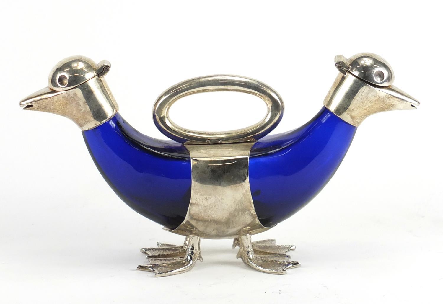 Novelty silver plated double duck decanter with blue glass body, 27cm wide :For Further Condition - Image 2 of 4