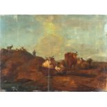 Sheep and cows in a landscape, Old Master oil on cradled panel, numbered verso, unframed, 45.5cm x