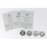 Four United States of America silver eagle dollars, three with certificates comprising dates 1986,