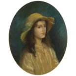 Top half portrait of a young female wearing a hat, 19th century oval pastel, Thos Agnew & Sons