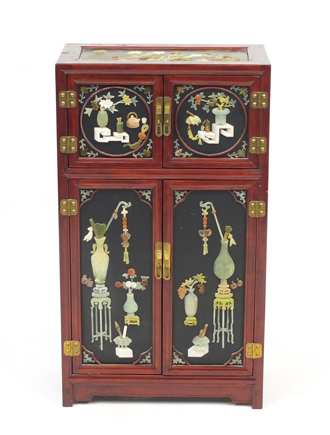 Chinese lacquer and hardstone side cabinet decorated with vases and flowers, 71cm H x 41cm W x - Image 2 of 5