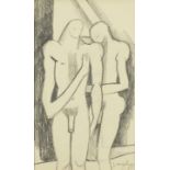 Two nude males, pencil on paper, bearing a signature Vaughan, mounted and framed, 27.5cm x 16.5cm :