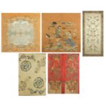 Five Chinese textiles including silk embroidered panel of figures amongst clouds with a dragon,