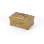 Arts & Crafts brass casket with hinged lid having an enamel panel, 4cm H x 8cm W x 5cm D :For