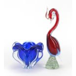 Murano colourful glass duck and a Czech blue glass bowl, the largest 37cm high :For Further