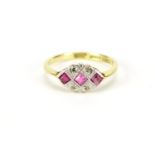 Art Deco 18ct gold ruby and diamond ring housed in a Hamilton & Co London leather box, size L, 2.