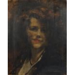Head and shoulders portrait of a female, oil on board, bearing an indistinct signature possibly R
