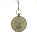 Victorian silver M Gordon open face pocket watch, with ornate dial and silver watch chain, the fusee