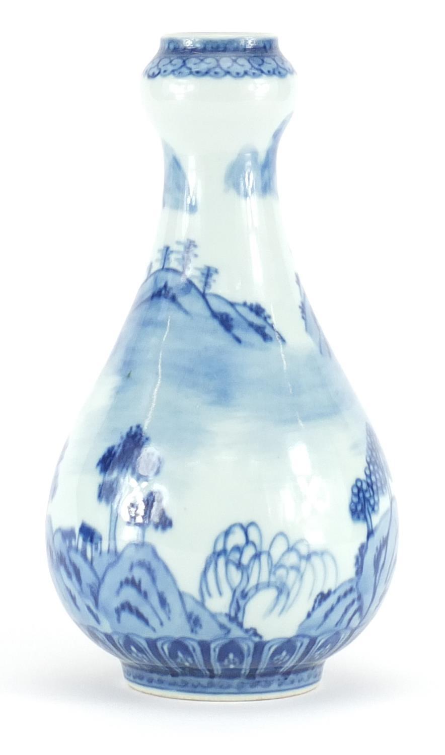Chinese blue and white porcelain garlic neck vase, hand painted with a river landscape, six figure - Image 4 of 14