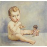 Helen R Paul - Nude child with a doll, watercolour, Rowley label verso, mounted and framed, 47cm x
