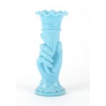 Antique blue opaline glass vase in the form of a hand holding a cornucopia, 21.5cm high :For Further