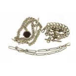 Two silver watch chains and one other, one with a hardstone spinner fob, the largest 40cm in length,