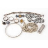 Mostly silver jewellery including a Scottish agate and citrine brooch, a Danecraft bracelet, rings
