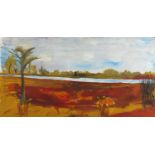 Manner of Ivon Hitchings - River landscape, oil on card laid on canvas, unframed, 102cm x 52.5cm :