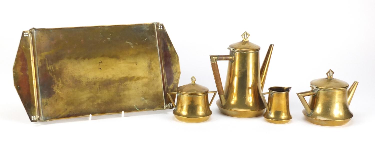 Arts & Crafts brass four piece tea service on tray possibly German, the tray 37cm wide :For - Image 4 of 6