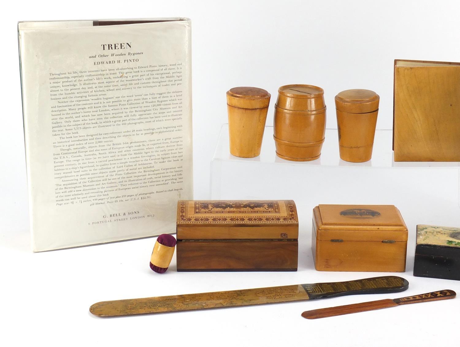 Woodenware and reference books including Mauchline Ware pin cushion, Tunbridge Ware letter opener - Image 9 of 10