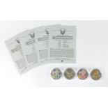 Four United States of America coloured silver dollars, with certificates comprising dates 2001,