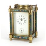 Aesthetic style brass and champlevé enamel carriage clock with enamel and subsidiary dials, having