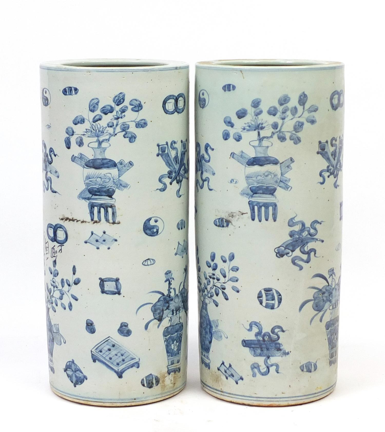 Pair of Chinese blue and white porcelain floor standing vases, hand painted with precious objects, - Image 3 of 4