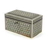 Anglo Indian ivory and sadeli tea caddy with twin divisional interior, 14cm H x 23cm W x 12.5cm D :