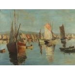 Louis Pernes - Continental harbour scene, oil on canvas, mounted and framed, 60cm x 45cm :For