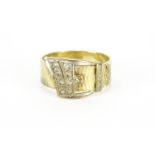 9ct gold buckle ring set with clear stones, size P, 4.5g :For Further Condition Reports Please Visit