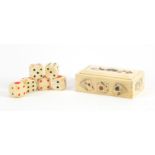 Carved bone joker design dice box housing four bone dice, the box 9cm wide :For Further Condition