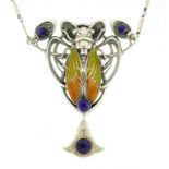 Egyptian Revival silver coloured metal moth necklace with lapis lazuli drop, on a necklace, 44cm