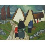 After Markey Robinson - Figures before cottages and boats, Irish school gouache, framed, 29cm x 24cm