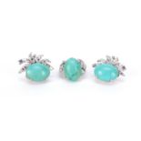 18ct white gold turquoise ring and matching earrings, possibly Russian, the ring size N, 17.2g :