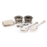 Silver items including a pair of Victorian tablespoons, pair of open salts with spoons and a