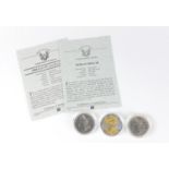 Three United States of America silver dollars, two with certificates comprising two Morgan dollars