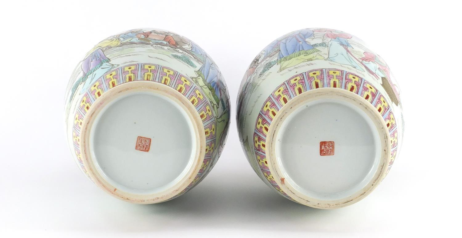 Pair of Chinese porcelain vases, each finely hand painted in the famille rose palette with figures - Image 4 of 6