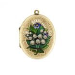 Victorian unmarked gold locket enamelled with white and blue flowers, 3.5cm high, 10.0g :For Further
