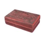 Chinese cinnabar lacquer box and cover carved with figures in a river landscape, 6.5cm H x 21cm W