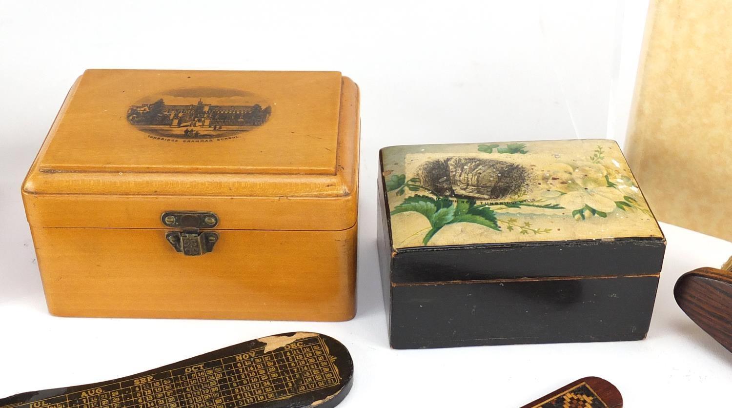 Woodenware and reference books including Mauchline Ware pin cushion, Tunbridge Ware letter opener - Image 6 of 10