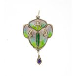 Art Nouveau silver and enamel pendant by Smith & Ewen, Birmingham 1909, 5cm in length, 5.7g :For