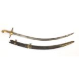 Antique Islamic Shamshir with bone handle, engraved steel blade and scabbard, the Shamshir 98.5cm in