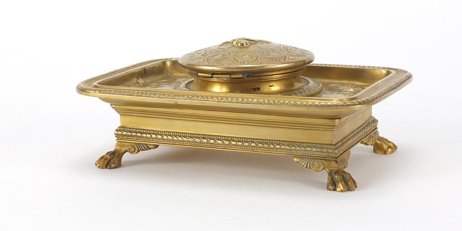 19th century French Ormolu desk inkwell with blue glass liner by Ferdinard by Barbedienne - Image 9 of 11