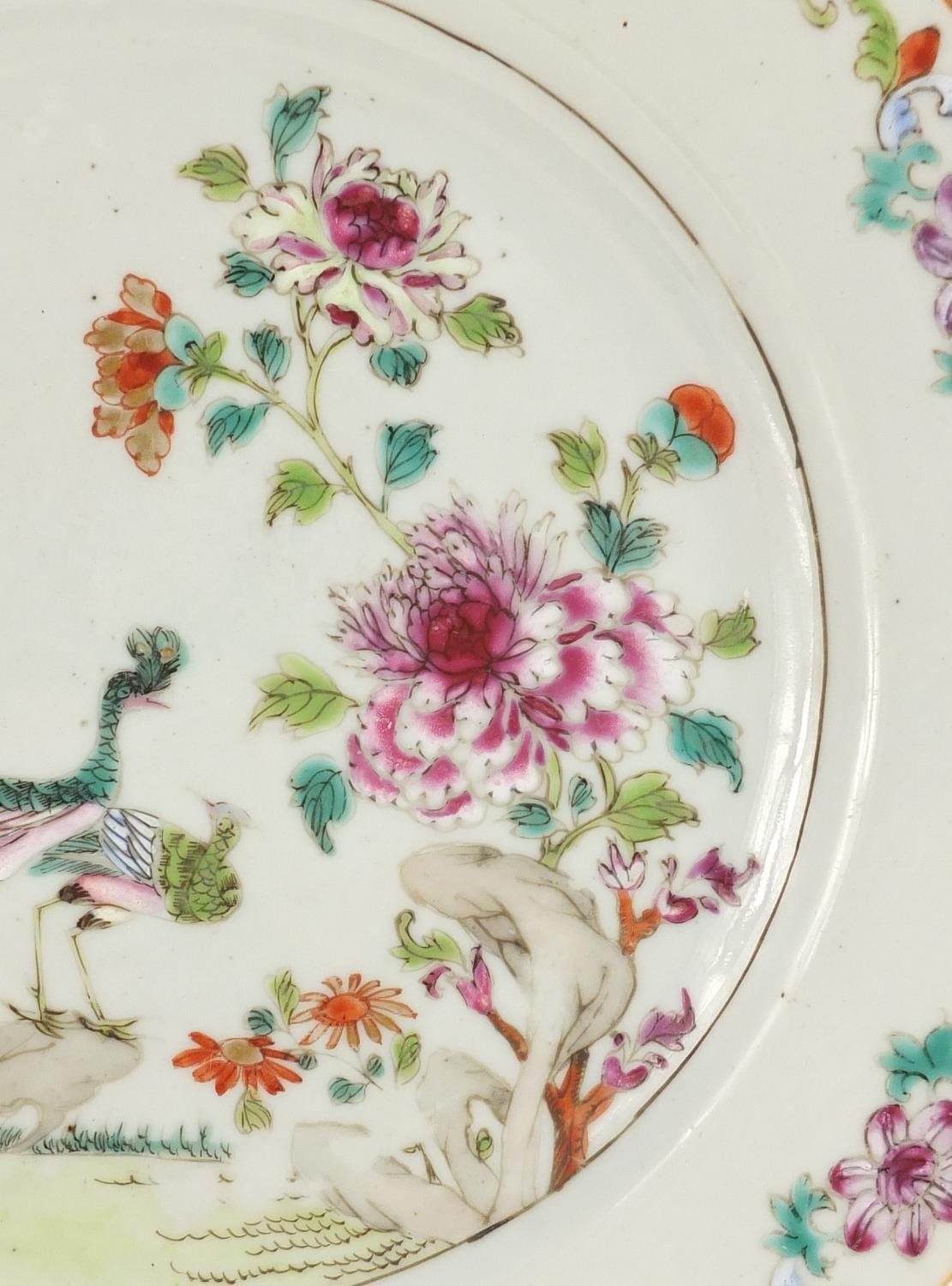 Chinese porcelain plate, hand painted in the famille rose palette with cranes amongst flowers, - Image 3 of 6