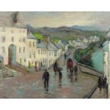 Figures by water and buildings, St Ives school oil on board, framed, 50cm x 39cm :For Further