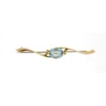 9ct gold blue stone bar brooch, 6cm in length, 2.5g :For Further Condition Reports Please Visit