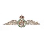British Military RAF unmarked gold and enamel sweetheart brooch set with diamonds, 6cm wide, 5.1g :