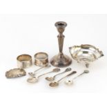 Mostly silver objects including a Greek finger bowl, candlestick, napkin rings and a port decanter