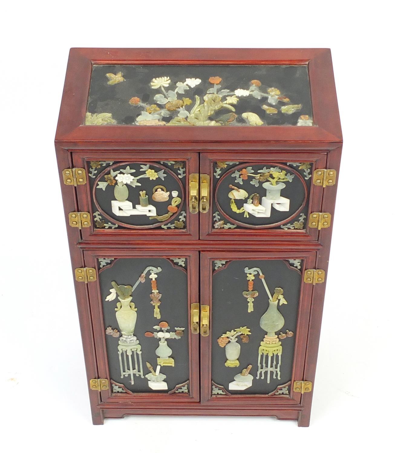 Chinese lacquer and hardstone side cabinet decorated with vases and flowers, 71cm H x 41cm W x - Image 3 of 5