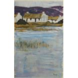 Water before a cottage, Irish school oil on paper, bearing a signature Brady, mounted unframed, 54cm