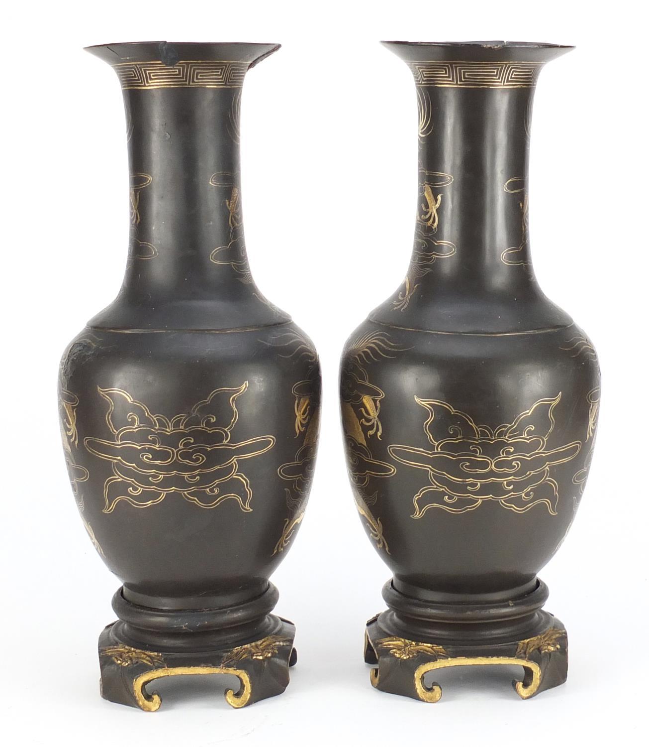 Pair of Chinese papier-mâché vases on stands, both gilded with dragons chasing the flaming pearl, - Image 13 of 23
