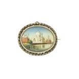 Indian miniature onto ivory view of Taj Mahal, set in an unmarked silver brooch mount, 4cm in