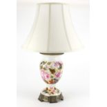 19th century porcelain vase lamp base with silk lined shade, the base hand painted and gilded with